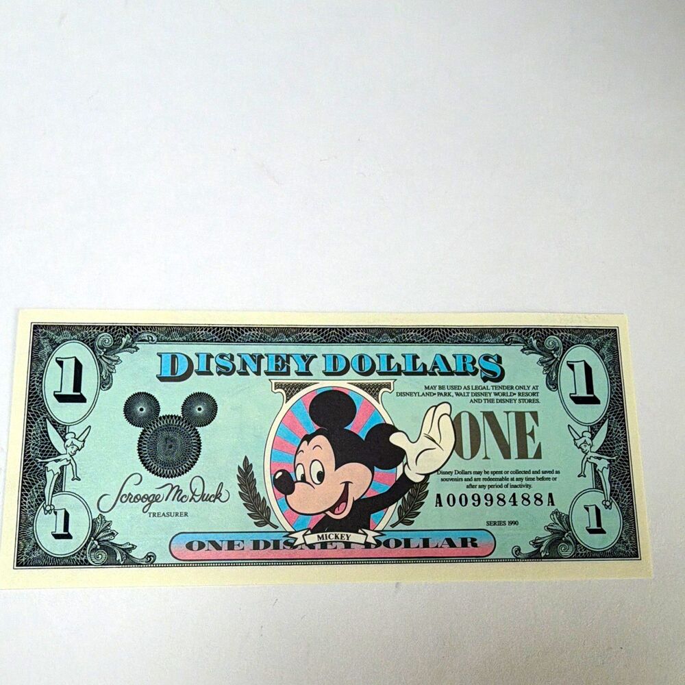 Disney $1 One Disney Dollar Mickey Mouse Series 1990 Note Serial A00998488A